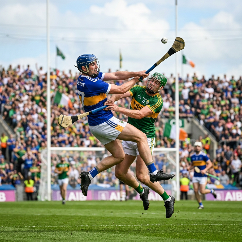 Two hurling players in mid-air contesting for the sliotar with hurleys raised